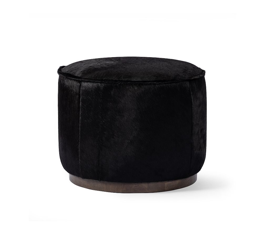 Arroyo 22" Black Hide Round Ottoman with Wood Base