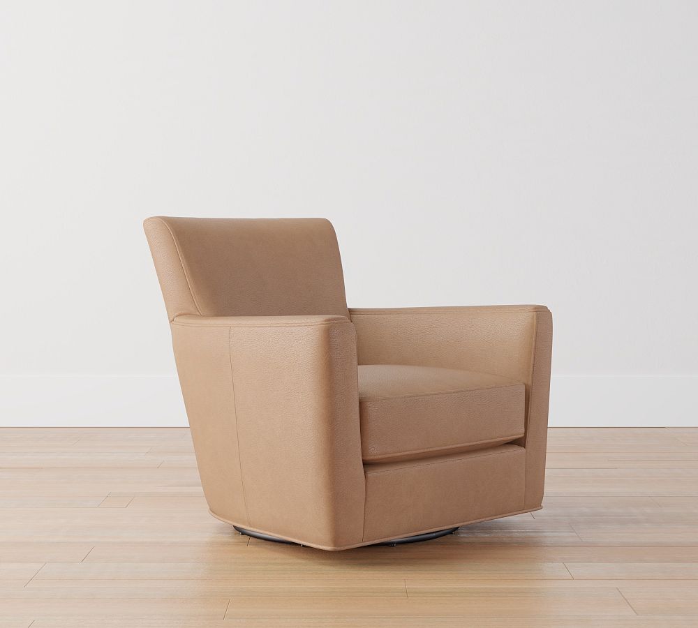 Open Box: Irving Square Arm Leather Swivel Armchair, Polyester Wrapped Cushions, Without Nailheads - Churchfield Taupe