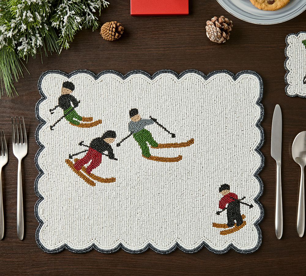 Holiday Skier Handcrafted Beaded Placemats, Set of 4