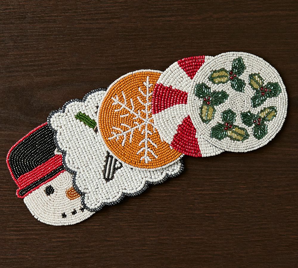Handcrafted Peppermint Beaded Coasters, Set of 4
