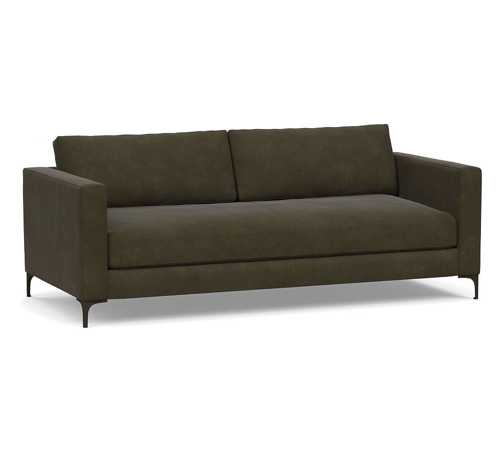 Open Box: Jake Leather Sofa 85&quot; 2X1 with Bronze Legs, Down Blend Wrapped Cushions, Aviator Blackwood