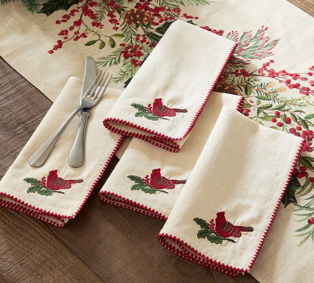 Cardinal Embroidered Cotton/Linen Napkins - Set of 4