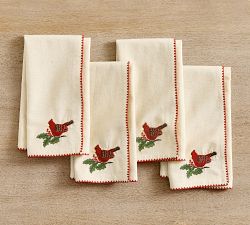 Cardinal Embroidered Cotton/Linen Napkins - Set of 4