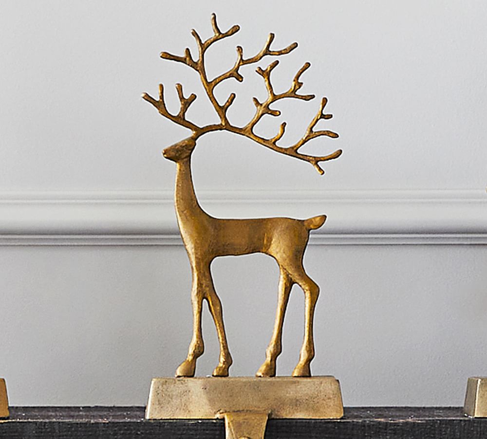 Large Brass Sculpted Reindeer Stocking Holders
