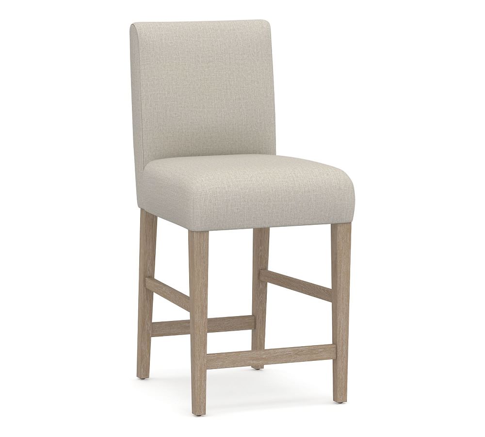 OPEN BOX: Oliver Upholstered Counter Height Bar Stool, Gray Wash Leg, Performance Heathered Tweed Pebble