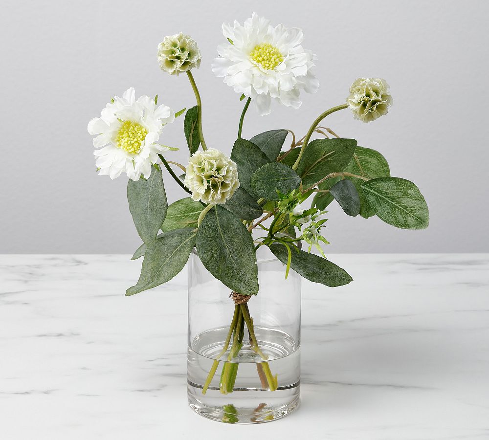 Faux White Scabiosa Arrangement In Glass Vase
