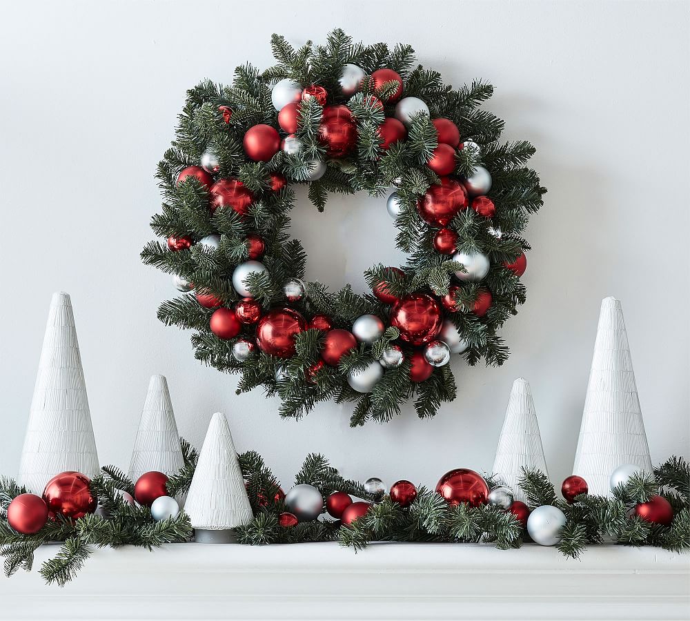 Faux Pine Ornament Wreath &amp; Garland - Red &amp; Silver