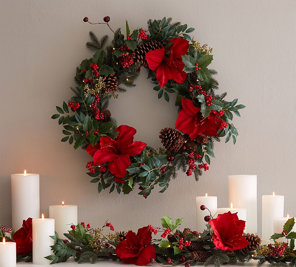 Lit Faux Amaryllis Twiggy Holiday Wreath &amp; Garland