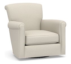 OPEN BOX: Irving Roll Arm Upholstered Swivel Armchair, Polyester Wrapped Cushions, Sunbrella&#0174; Performance Slub Tweed Pebble