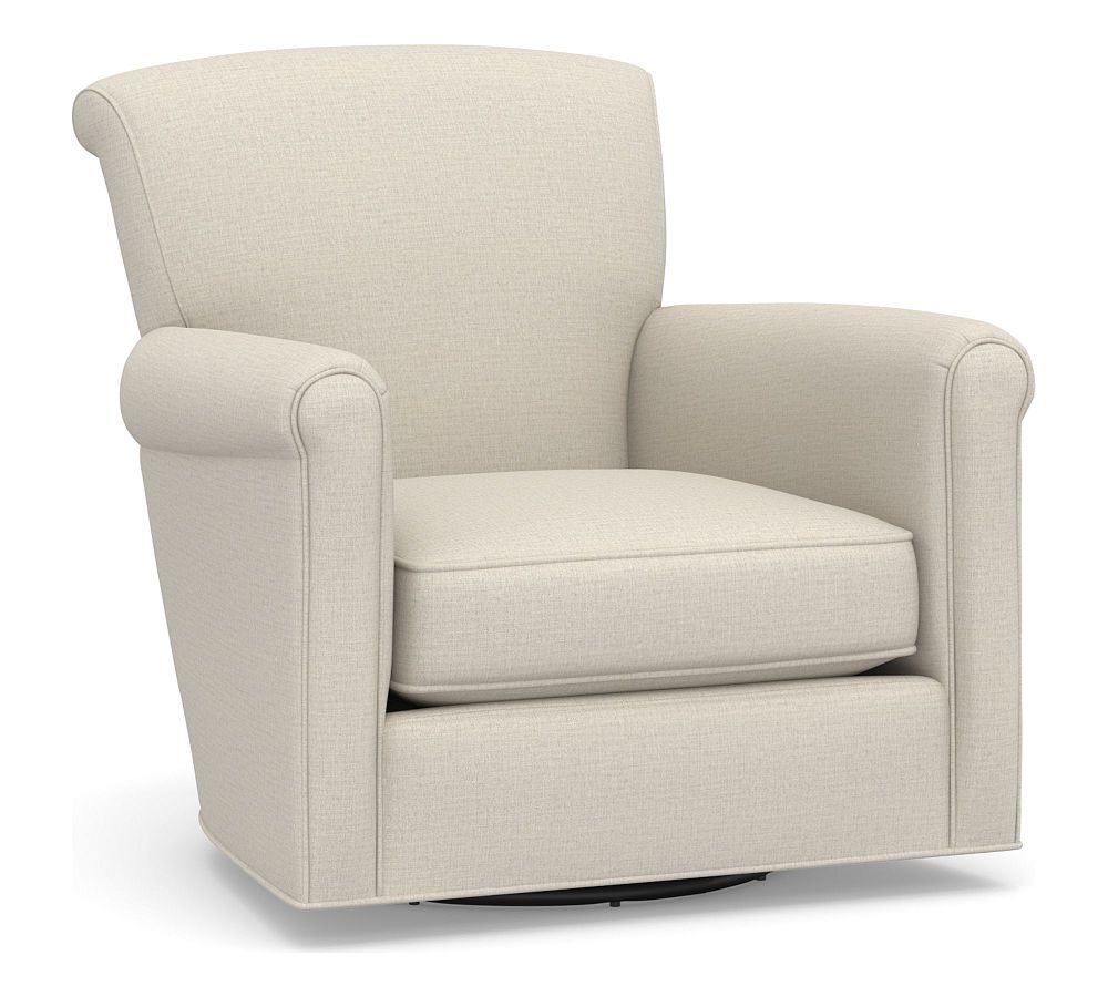 OPEN BOX: Irving Roll Arm Upholstered Swivel Armchair, Polyester Wrapped Cushions, Sunbrella&#0174; Performance Slub Tweed Pebble
