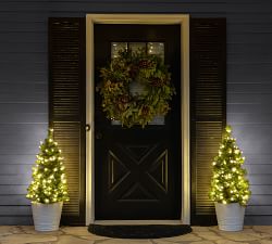 Outdoor Lit Warm LED Faux Winchester Fir Walkway Trees - Set of 2
