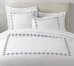 Tile Embroidered Organic Percale Duvet Cover