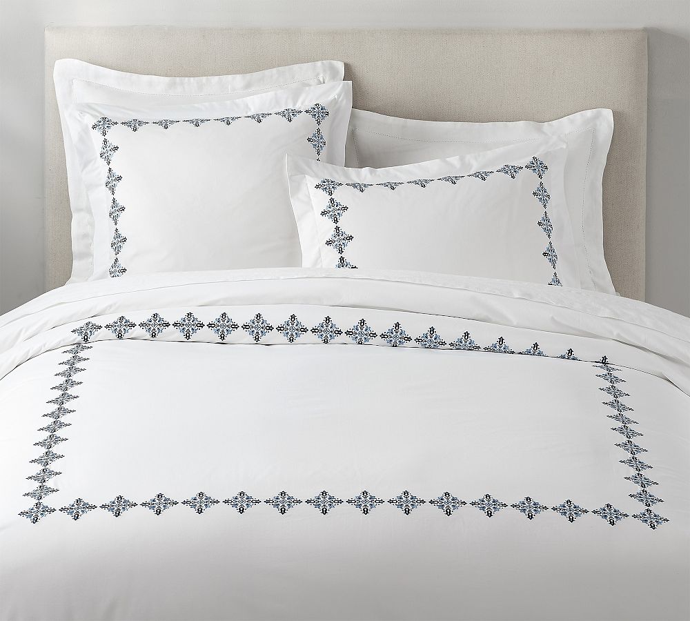 Tile Embroidered Organic Percale Duvet Cover