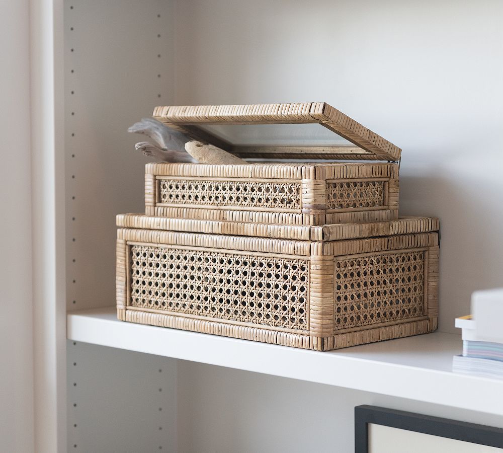 Woven Rattan And Wood Boxes, Set of 2