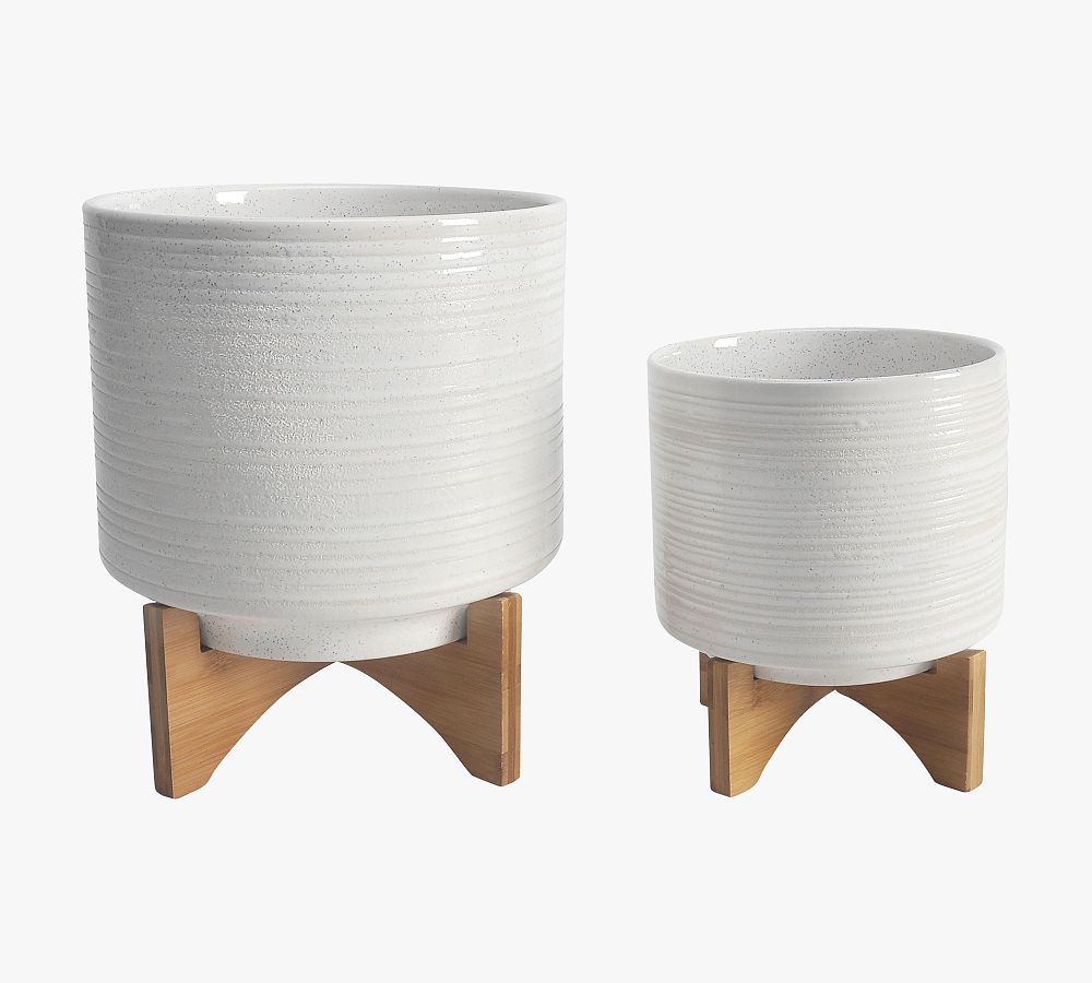 Footed White Speckled Planters - Set of 2