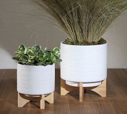 Footed White Speckled Planters - Set of 2