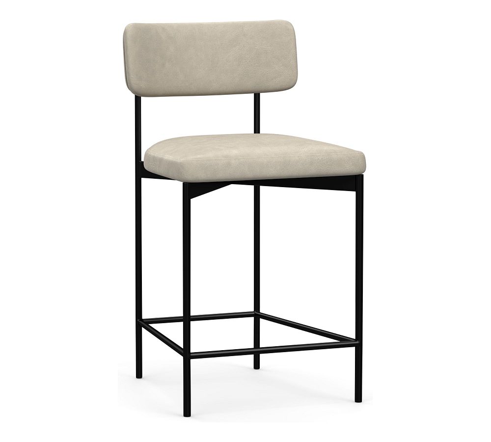 OPEN BOX: Maison Leather Counter Height Bar Stool, Antique Bronze Leg, Statesville Pebble
