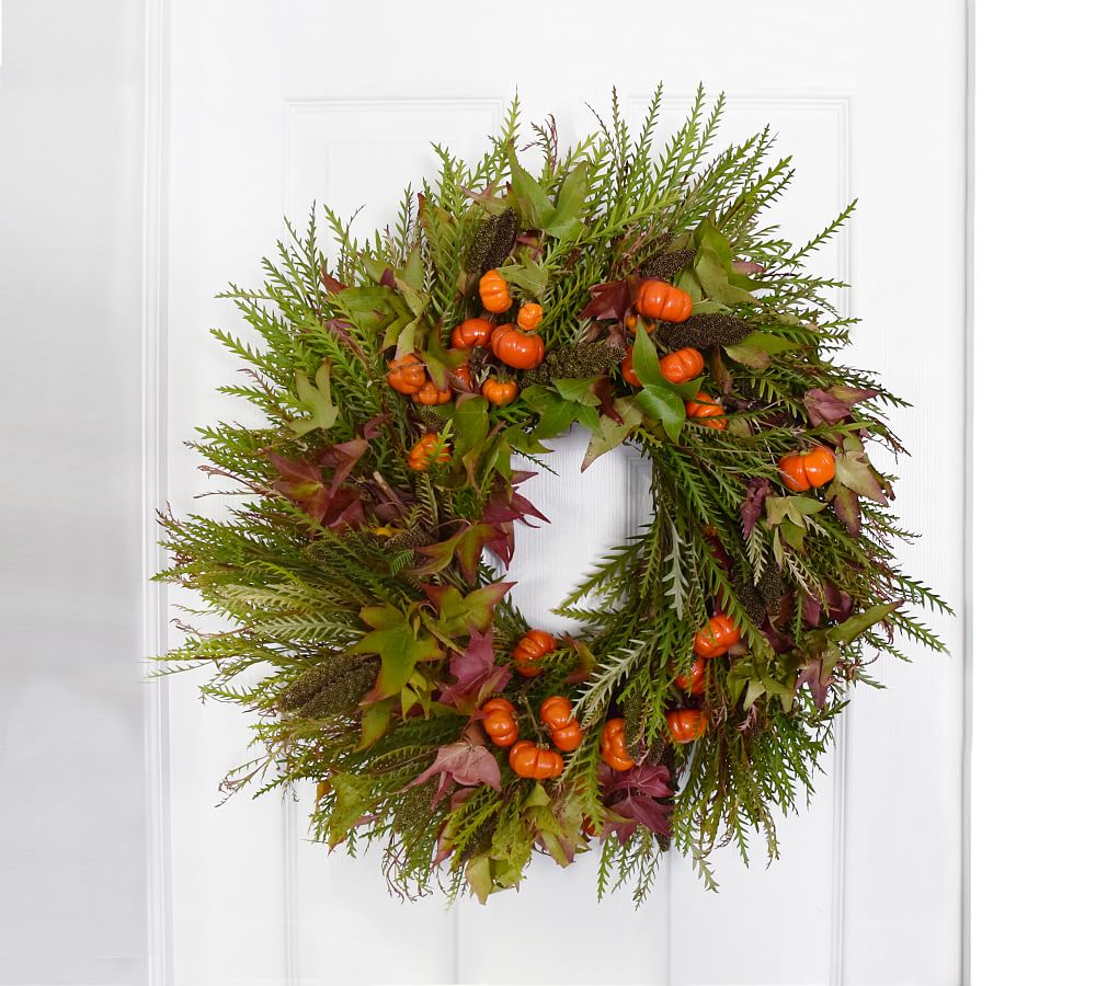 Fresh Grevillea, Brown Millet &amp; Pumpkin Tree Wreath - 20&quot;