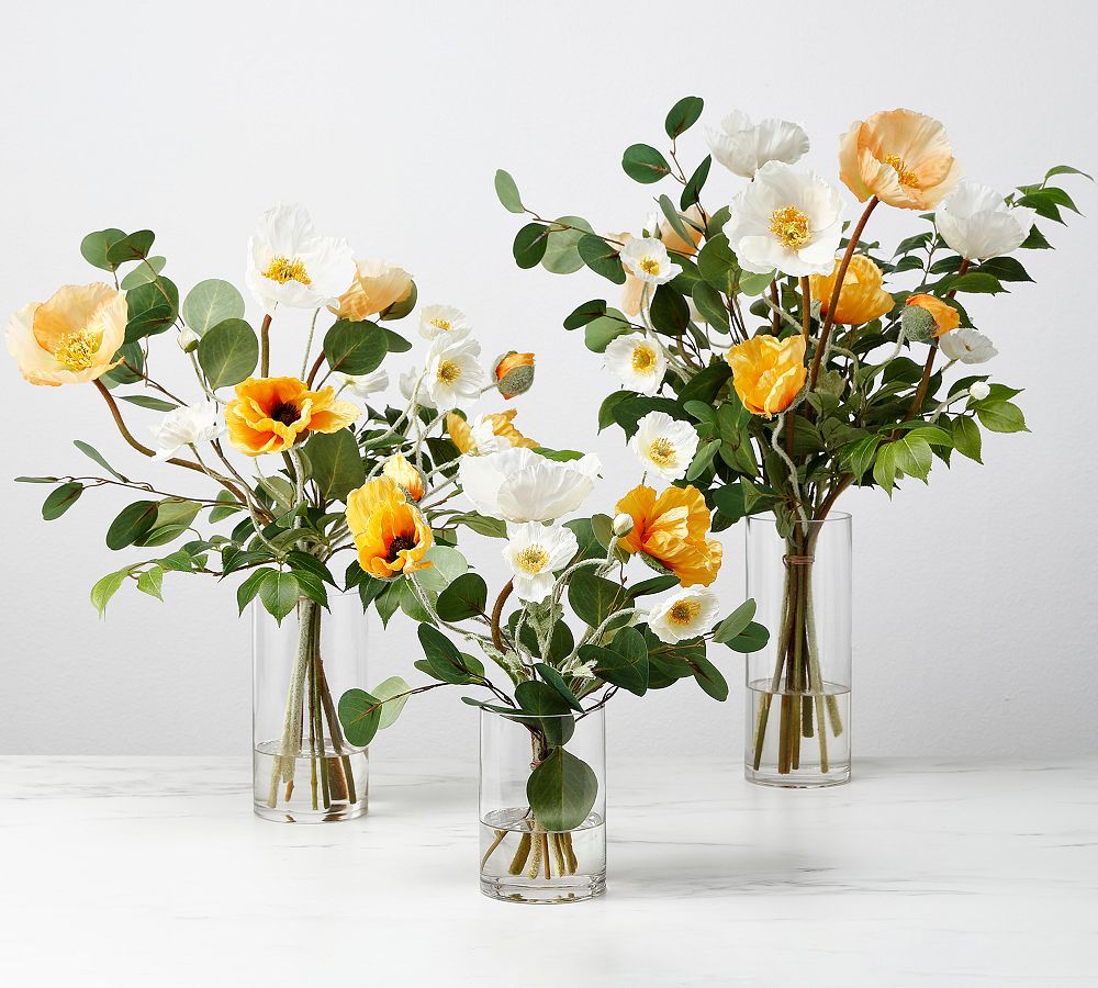 Faux Yellow &amp; White Poppy Arrangement In Glass Vase