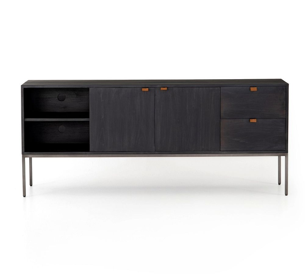 Contemporary Black Wash Poplar Media Console with Leather Pulls