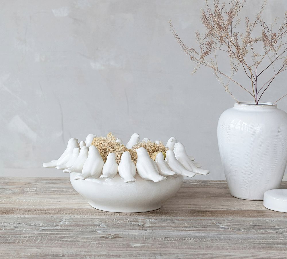 Sitting Birds Round Decorative Stoneware Bowl