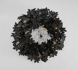 Lit Halloween Maple Leaf With Spider Web Wreath