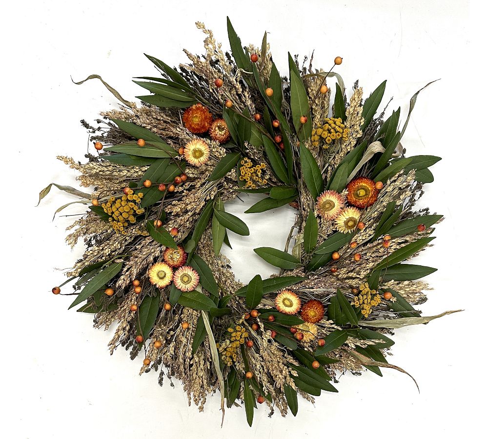 Fresh Strawflowers &amp; Wheat Wreath &amp; Garland