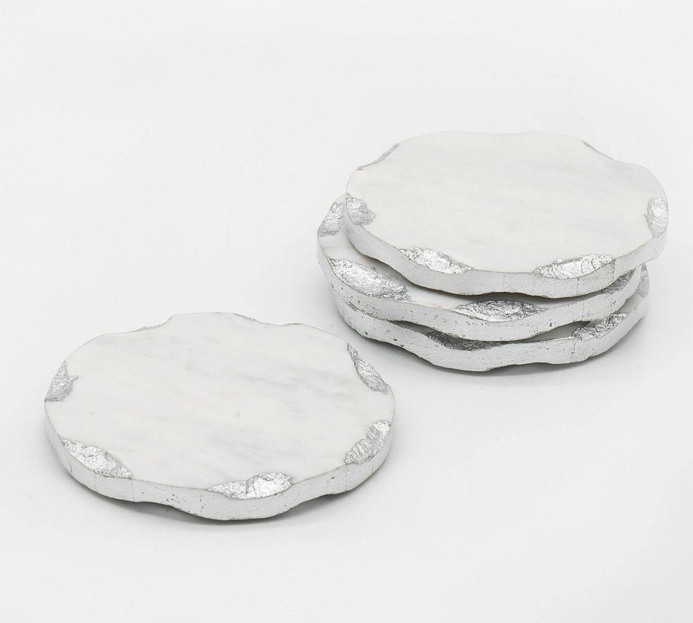 Handpainted Marble Silver Rimmed Coaster, Set of 4