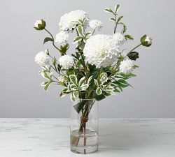 Faux White Dahlia Arrangement In Glass Vase