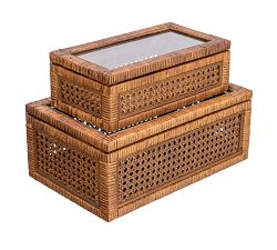 Woven Rattan and Wood Boxes, Set of 2