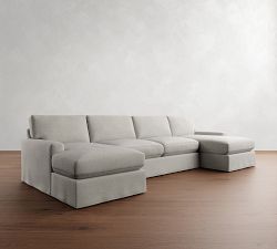 PB Comfort Modern Square Arm Slipcovered Double Chaise Sectional (129&amp;quot-164&quot;)