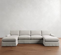 PB Comfort Modern Square Arm Slipcovered Double Chaise Sectional (129&amp;quot-164&quot;)