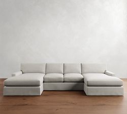 PB Comfort Modern Square Arm Slipcovered Double Chaise Sectional (129&amp;quot-164&quot;)