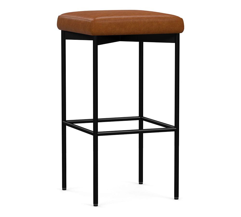 Open Box: Maison Leather Backless Bar Height Bar Stool, Antique Bronze Leg, Statesville Caramel