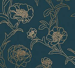 Peonies Peacock Blue/Gold Removeable Wallpaper, Sample