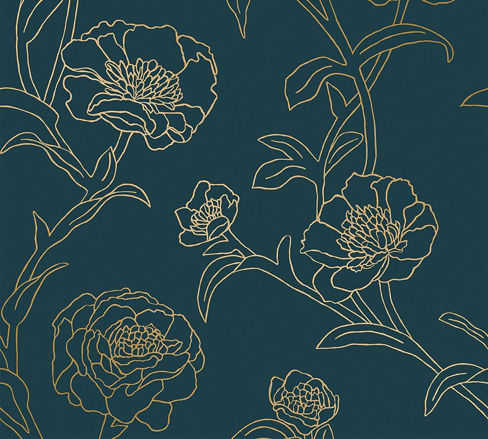 Peonies Peacock Blue/Gold Removeable Wallpaper, Sample