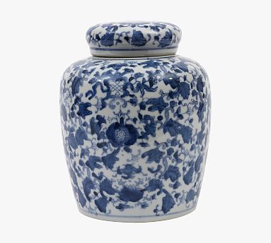 Ceramic Blue &amp; White Jar With Lid, 8&quot;H