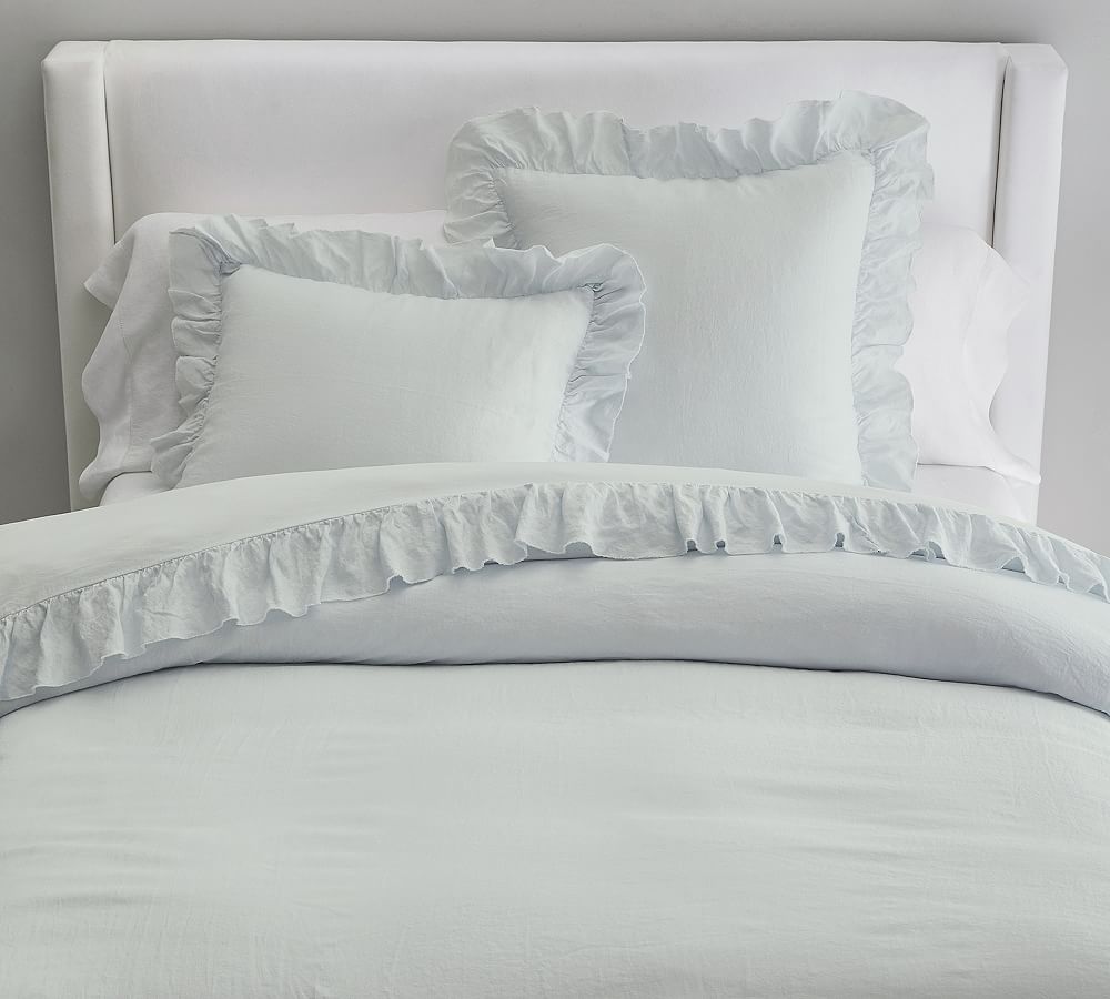 Belgian Flax Linen Fringe Ruffle Duvet Cover -- Blue Frost