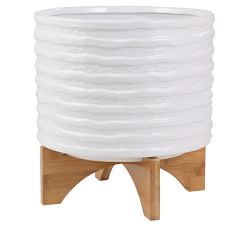 Kennedy Textured Ceramic Planters on Wooden Stand