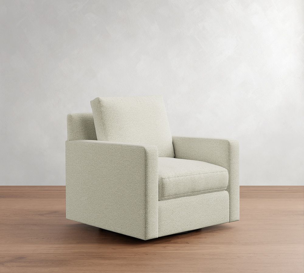 Open Box: Cameron Modern Square Arm Upholstered Swivel Armchair, Polyester Wrapped Cushions - Ivory - Performance Boucle