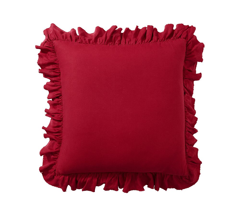 Open Box: Belgian Flax Linen Fringe Ruffle Sham, Euro, Set of 2- Red Berry