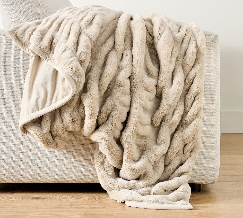 Faux Fur Ruched Throw - Champagne, 60" x 80"