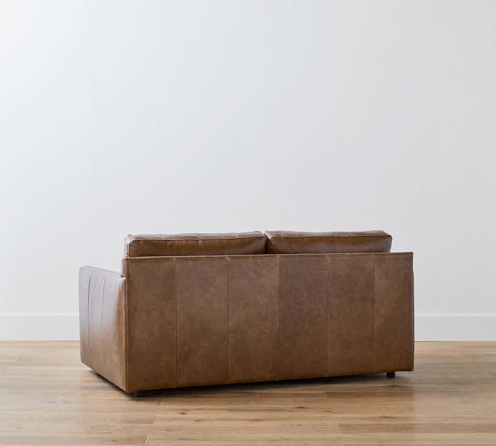 Back view of brown leather sofa showing back cushions