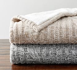 Heathered Cable Knit Sherpa Back Throw