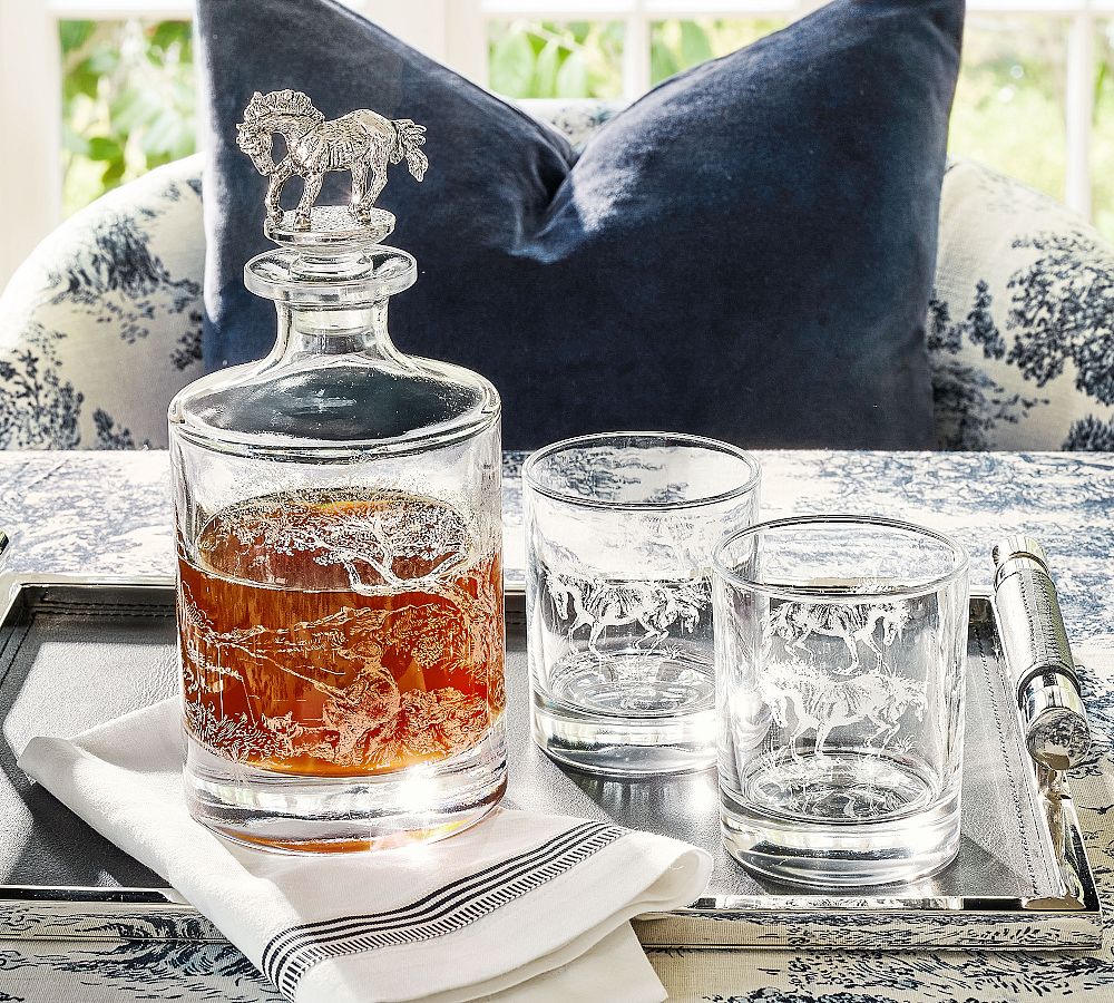 Brandon Maxwell Groveland Toile Decanter & Double Old Fashioned Glasses - Set of 3