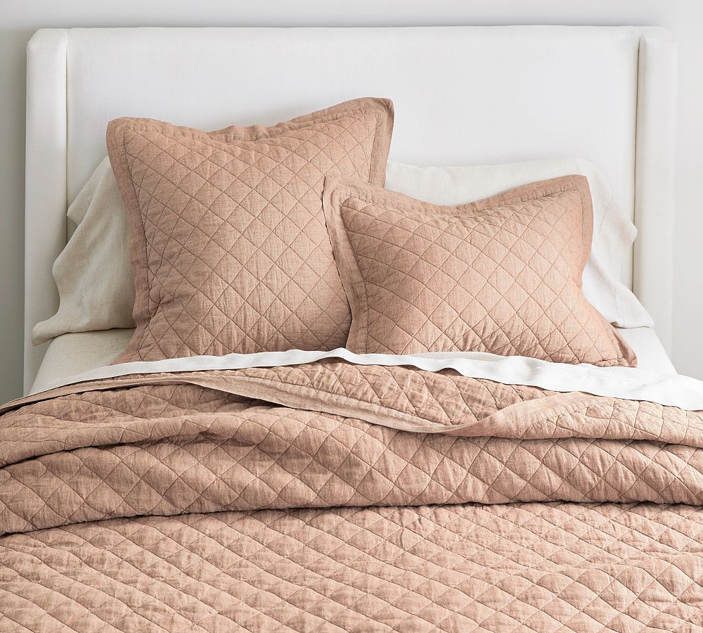 Open Box: Belgian Flax Linen Diamond Quilt, King/Cal. King - Rosewood Blush