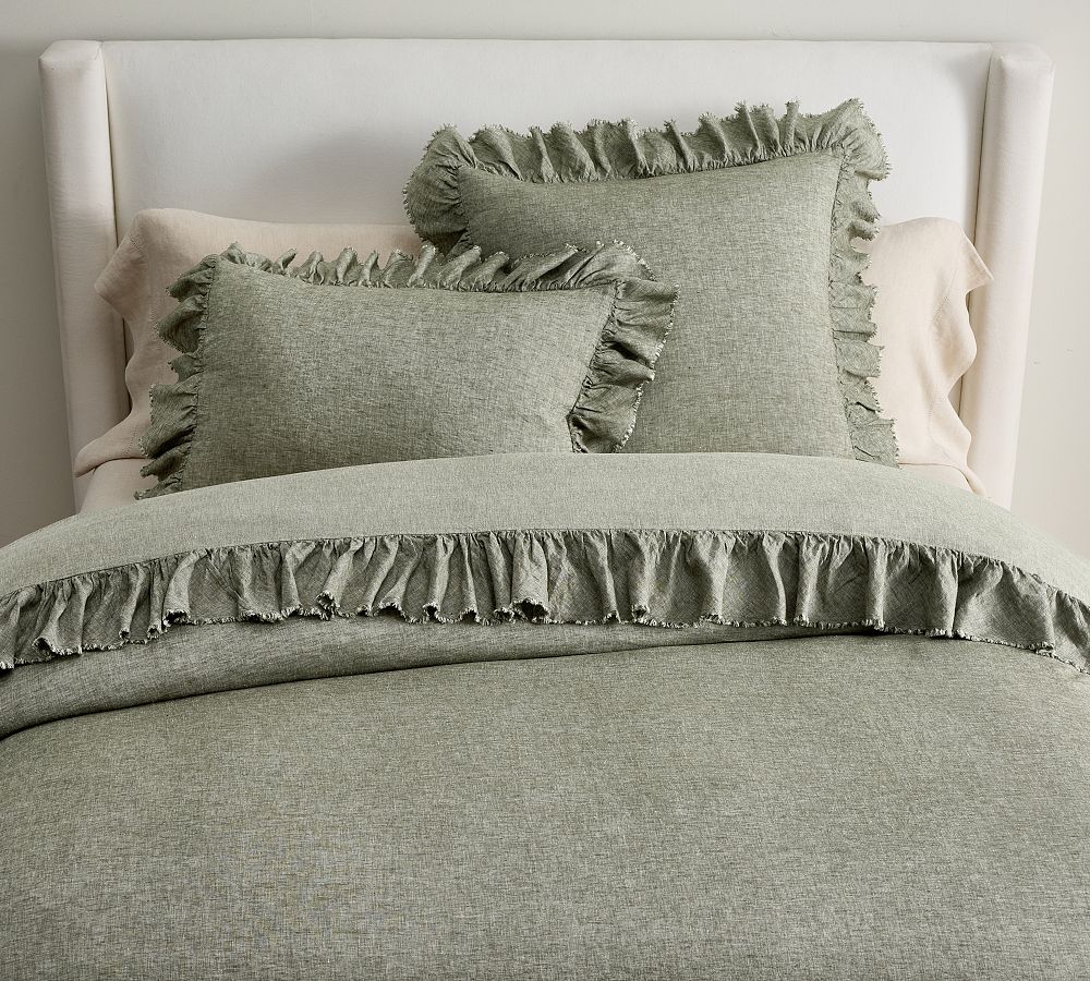 Open Box: Belgian Flax Linen Fringe Ruffle Duvet, King/Cal. King - Dark Green