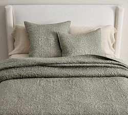 Open Box: Belgian Flax Linen Floral Stitch Quilt, King/Cal.King - Dark Green