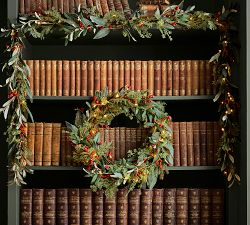 Lit Faux Eucalyptus and Berry Wreath &amp; Garland
