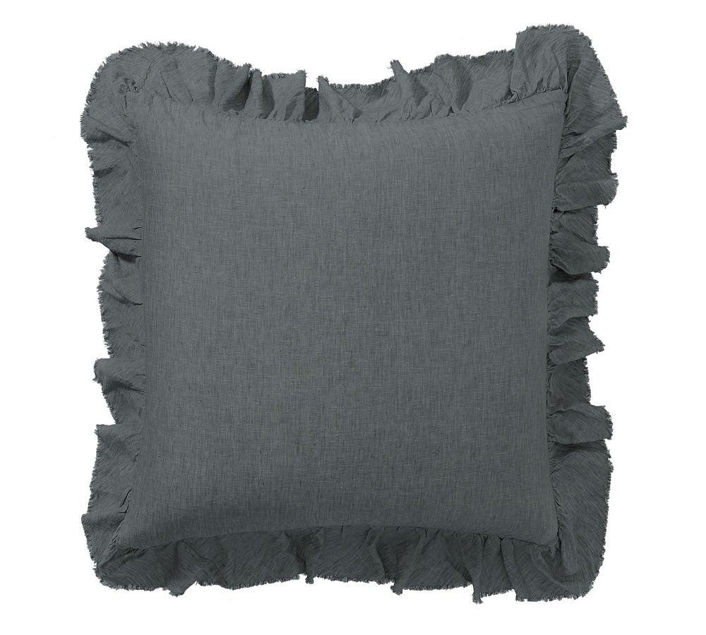 Open Box: Belgian Flax Linen Fringe Ruffle Sham, Euro Set of 2 - Charcoal